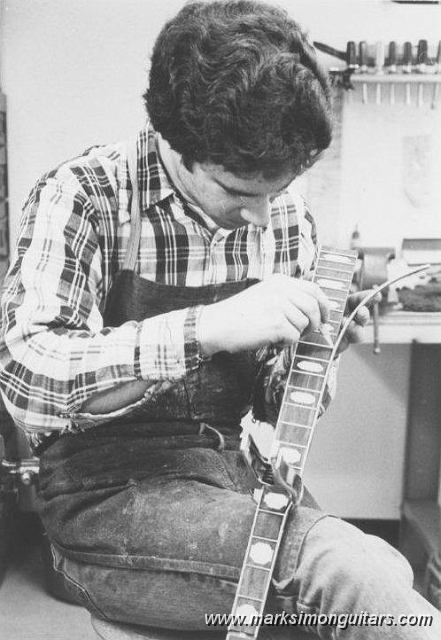 Scan 7.jpg - Mark sets binding on a reproduction 5-string banjo neck built for Eagles Bernie Leadon - Fitted to his Gibson TopTension banjo pot